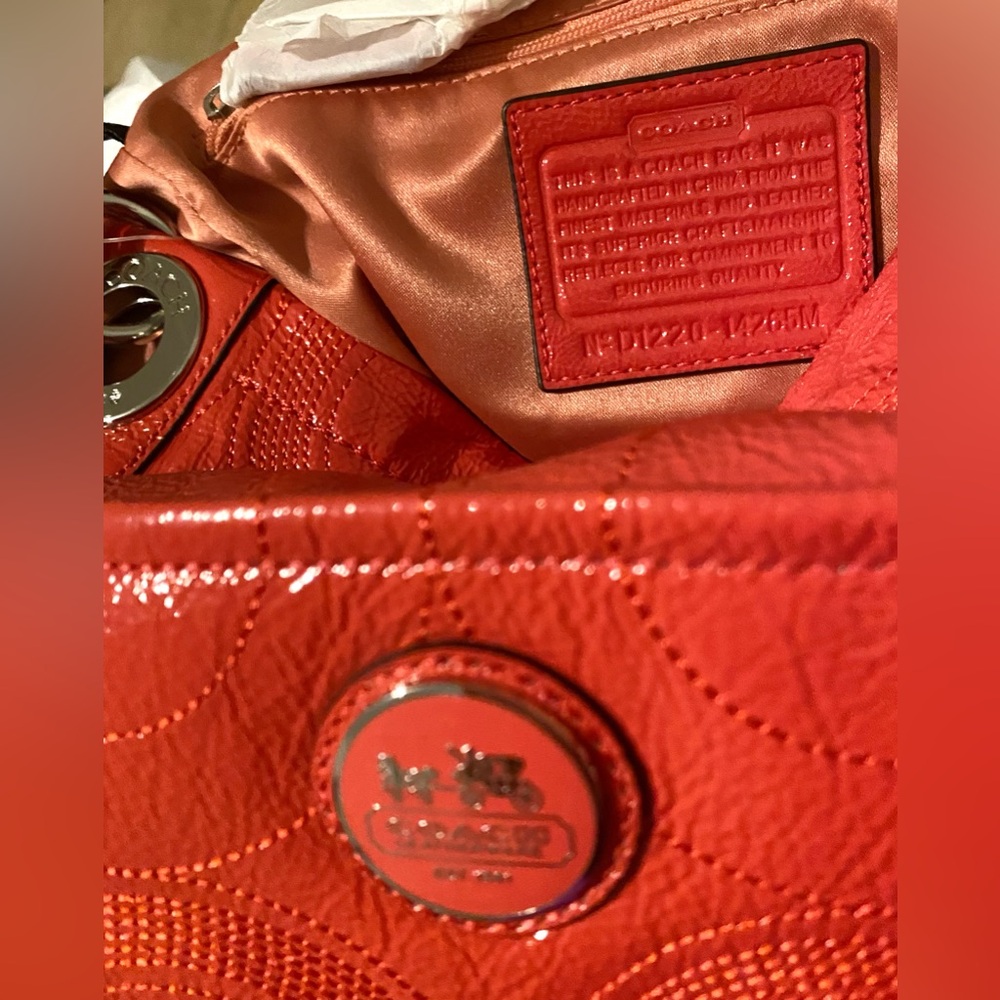 COACH Bag NEW (never used) 2012 Coral Orange Tote Silver Hardware Logo hangtags - Picture 10 of 13